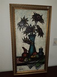 Signed, original painting by French artist Savigne. This piece features stylized sunflowers in a vase on display in a kitchen scene.