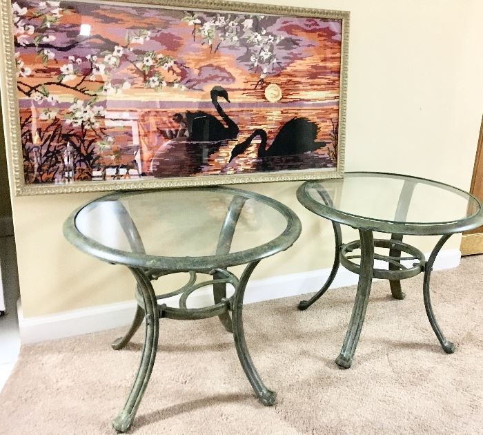 2 metal & glass side round tables
