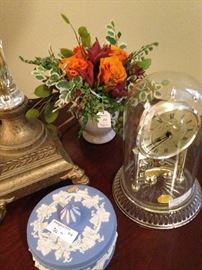 Wedgwood; domed clock; floral arrangement