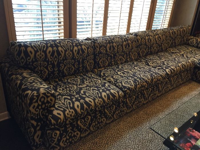 59. Custom 2 Piece Sectional in Brown/Tan Ikat Upholstery (13' x 6' x 3') AS IS