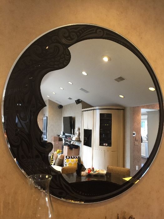 5. Deco Etched Black Glass 60" D Round Mirror w/ Peacock Design