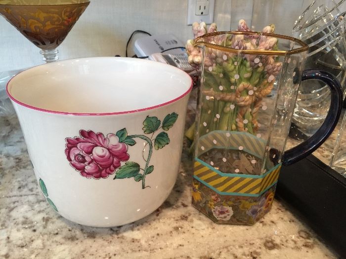115. Tiffany & Co. "Strasbourg Flowers" Ceramic Flower Pot/Planter/Bowl                                                           116. Mackenzie-Childs Octagonal Glass Pitcher Floral Garland Polka Dots