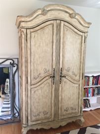 75. Handpainted French Provincial Armoire, Off White w/ Blue Trim & Brass Handles, 2 Shelves, 4 Drawers (44" x 24" x 86")