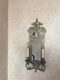 102. 2 Lighted Candle Sconce w/ Brass Framed Detail & Mirror