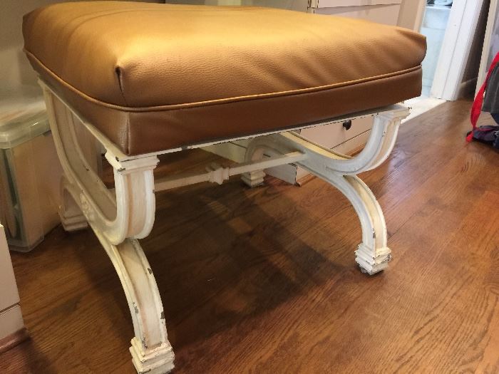 15. Metallic Pebble Grained Faux Leather Bench w/ Distressed Cream Metal Base (25" x 25" x 21")