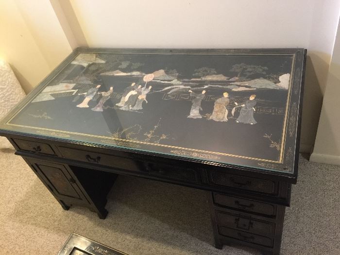 16. Chinese Black Lacquer & Gold Desk w/ Carved Jade Motif Inlaid Glass Top, 6 Drawers  &  1 Cabinet                  (55" x 31" x 30") w/ Matching Chair (19" x 19" x 40")