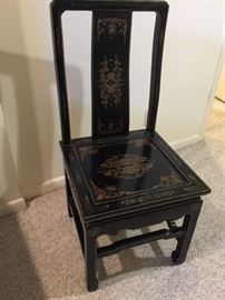 16. Chinese Black Lacquer & Gold Desk w/ Carved Jade Motif Inlaid Glass Top, 6 Drawers & 1 Cabinet (55" x 31" x 30") w/ Matching Chair (19" x 19" x 40")