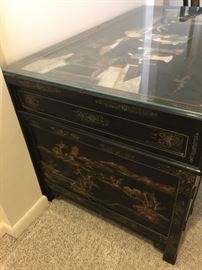 16. Chinese Black Lacquer & Gold Desk w/ Carved Jade Motif Inlaid Glass Top, 6 Drawers & 1 Cabinet (55" x 31" x 30") w/ Matching Chair (19" x 19" x 40")