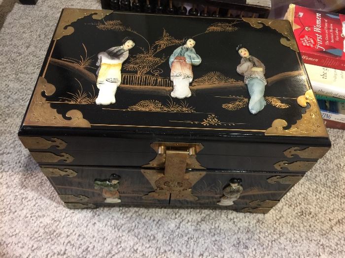 17. Black Lacquer Chinese ewelry Box w/ Brass Details and Carved Figurines (14" x 9" x 10") 