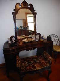  Vintage Empire Style Mahogany Hand Carved Vanity with Hand Carved Mirror.