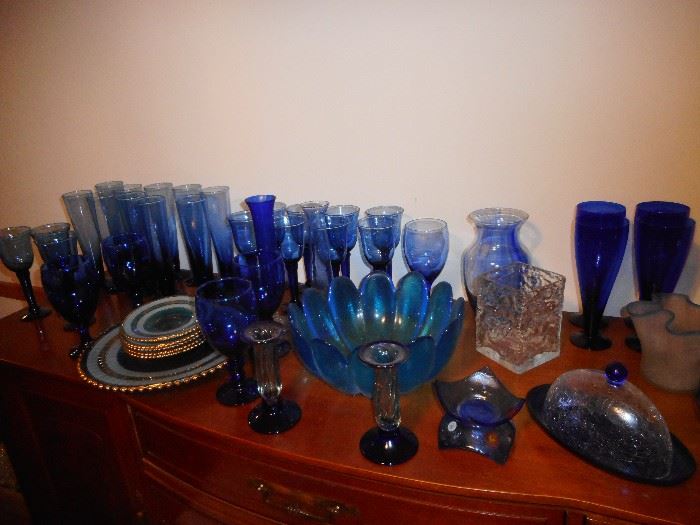 Cobalt Blue Wine Beer, Bowls, Crackle Glass, Vases
