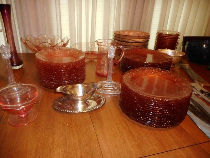 Pink Depression Glass, Fruit Dessert Set, Plates, Bowls, Pitchers, Silver Plate