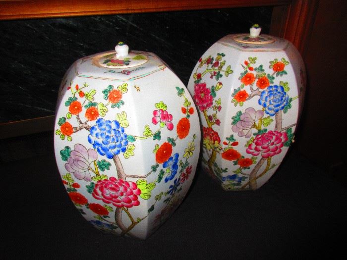 Pair of Chinese Paneled & Lidded Jars
