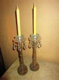 Pair of Hardstone Candlesticks with Prisms