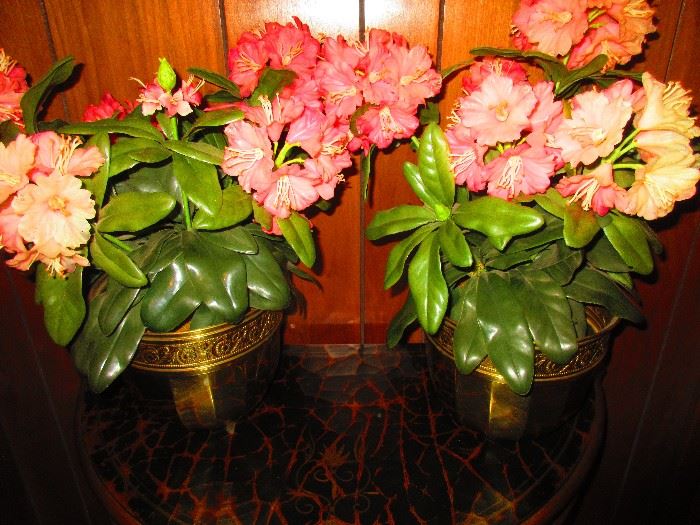 Faux Begonias in Brass Pots