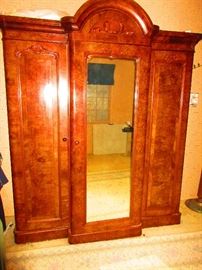 Three-Door Continental Armoire, Burlwood Veneer Circa 1860's