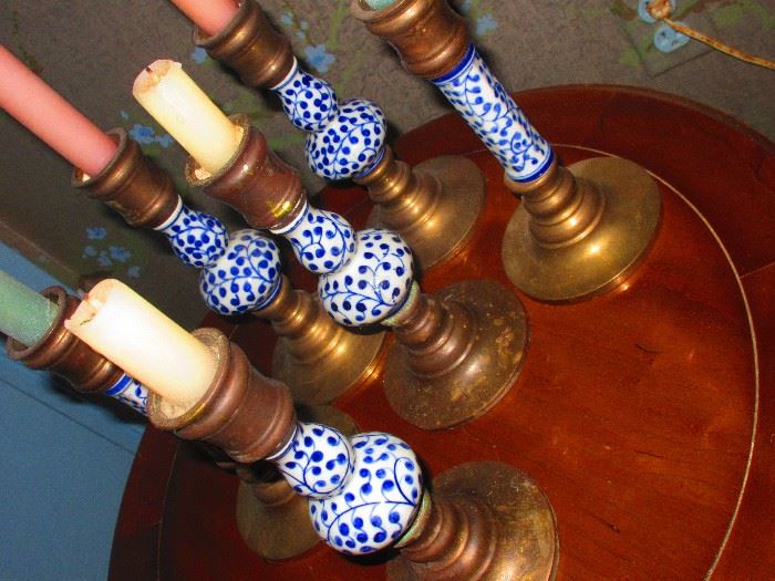 Group of Brass & Porcelain Candlesticks