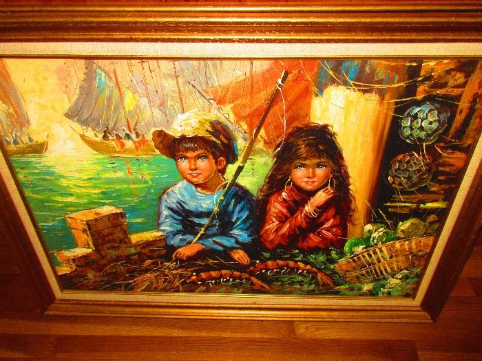 Italian Painting of Gypsy Children in Harbor