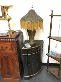 oriental corner cabinet and pierced brass beaded lamp from syria