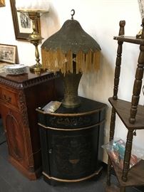 oriental corner cabinet and pierced brass beaded lamp from syria