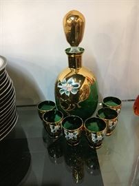 Hand painted green decanter set. 