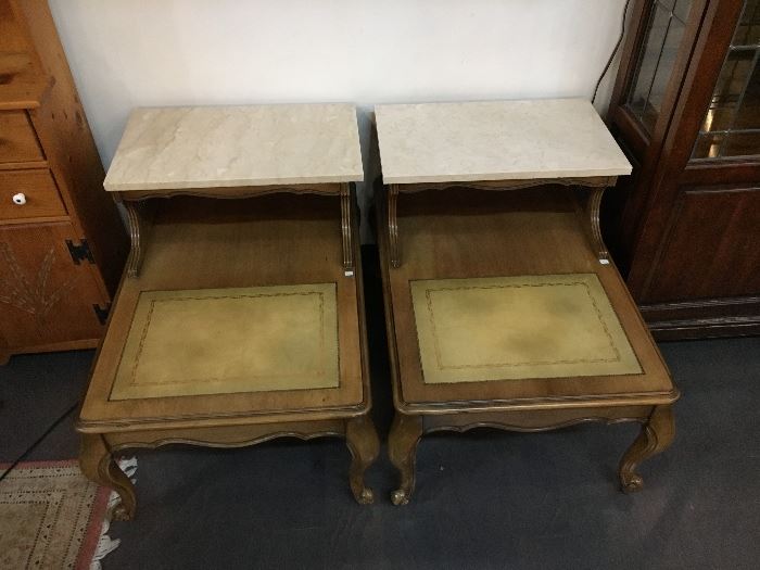 Pair antique french style nightstands with marble top and leather inlay
