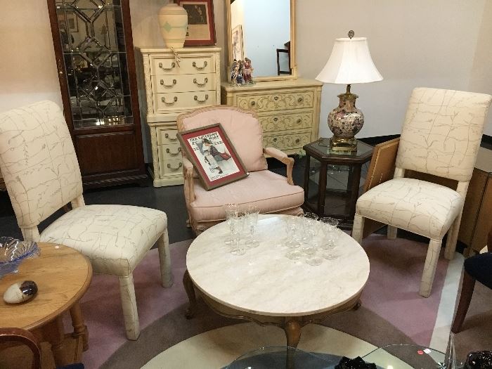 Pair upholstered accent chairs, vintage marble coffee table, vintage pink accent chair