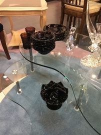 Juliska Purple glass plates, bowls, and cups. Black glass candy dish