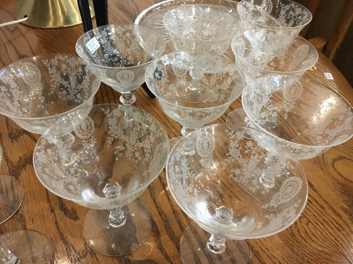 9 Vintage Etched Champagne Sherbet Glasses