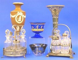 Castor sets, Wedgwood, enamel vase and bowl