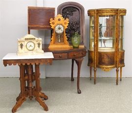 French china cabinet, Victorian M/T, mahogany table and clocks