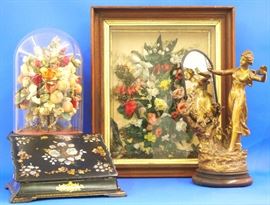Victorian wax flowers, Spelter mirror, lap desk