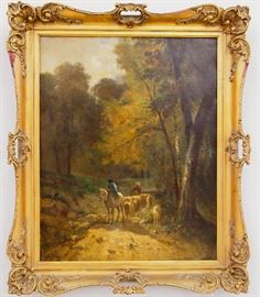 Oil on canvas landscape with horse and sheep