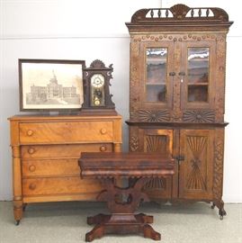 Painted cupboard, cherry chest, game table