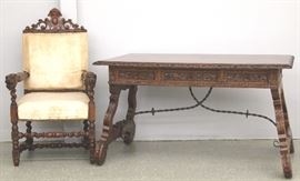 Italian Oak writing table and carved arm chair