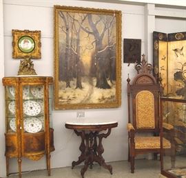 French curio cabinet, m/t oval table, chair,  oil on canvas landscape