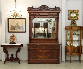 Victorian dresser, m/t table,  chandelier 