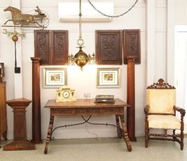 Carvings, chair, pr. columns, plant stand, weathervane 