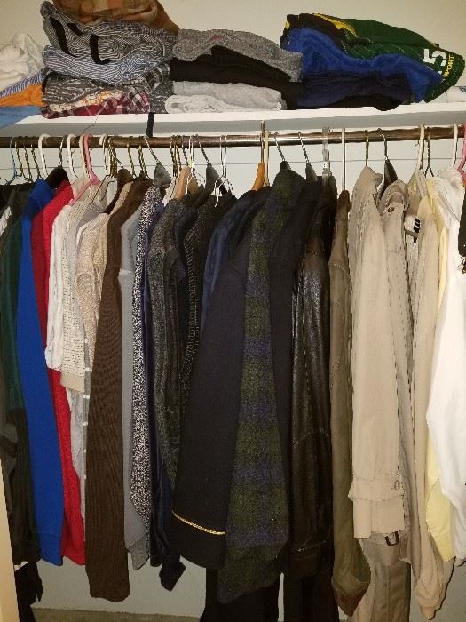Men's clothing one of three closets full of clothes.
Jos. A Bank, Colours by Alexander Julian, Pebble Beach, Pierre Cardin, Tommy Hilfiger, Izod, Saddlebred, French Navy and more
L to XL shirts
38-29 or 30 pants