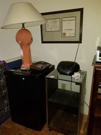 Stereo cabinet, lamp, boom box