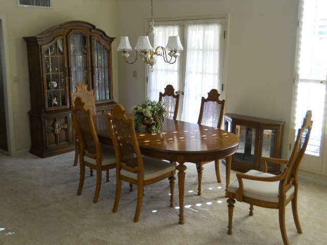 Solid wood with cane back chairs dining suite and mathching curio