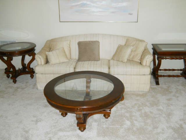 Beveled glass coffee table and side tables