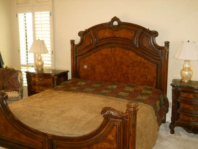 Fine cherry wood bedroom suite signed paid over $5,400 5 pc suite with  sold marble top tables.