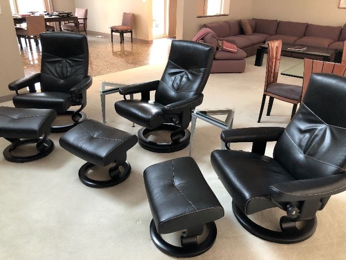 3 Stressless Ekornes Black Leather Recliners! The ultimate in comfort!