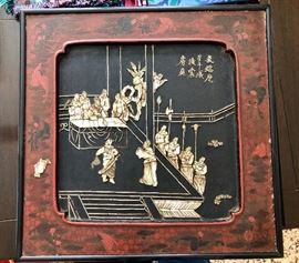 Vintage Asian wall decor, inlaid mother of pearl / abalone with cinnabar frame (3)