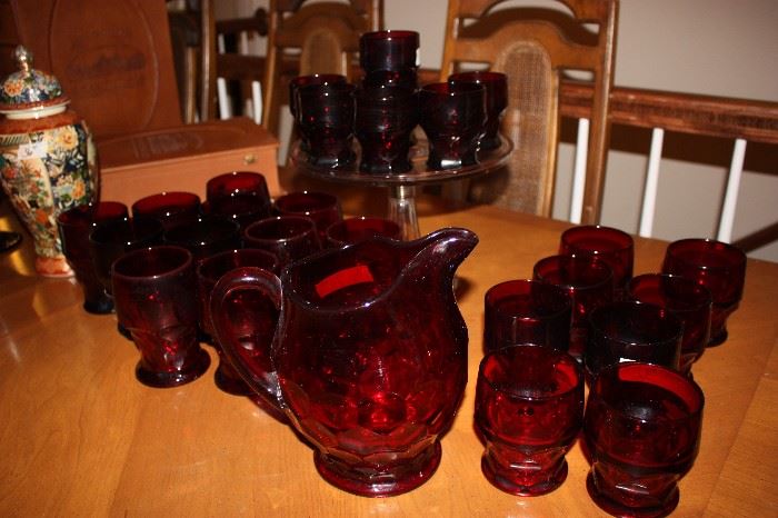 Ruby thumbprint pitcher and glasses (vintage)