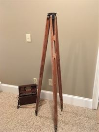  Antique transit level with wooden tripod and wooden carrying case 
