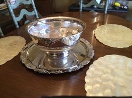 Wallace silver plated punch bowl with 12 cups, ladle and underplate. 