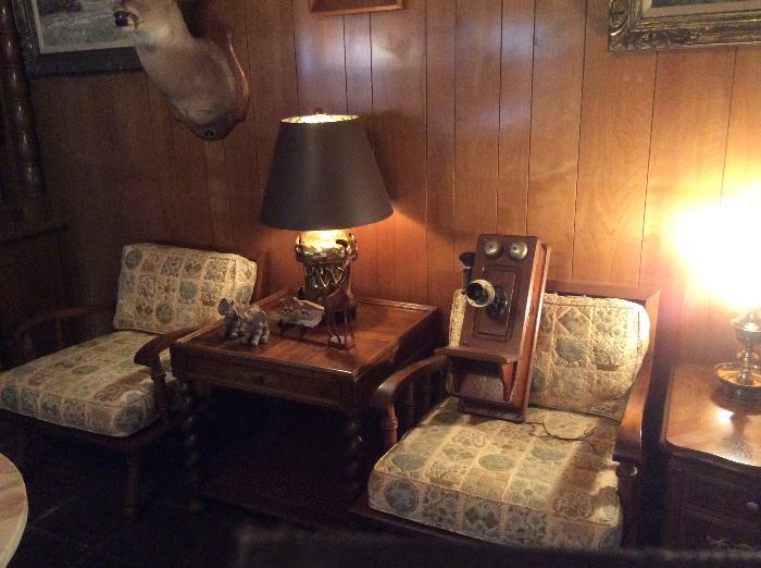 Antique Kellogg telephone, matching Drexel chairs