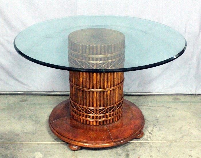 Glass Top Pedestal Dining Table, Beveled Glass Edge, Bundled Wood Rod Base, 49"Dia x 31"H